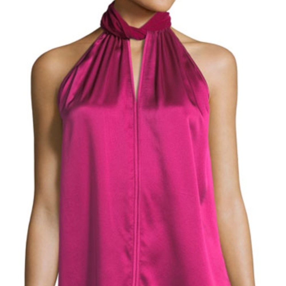 Silk Pink Sleeveless Velvet-Trim High-Neck Blouse